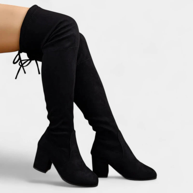 Gleame.-Schoenen-Gleame Laarzen - Zwarte knie-laarzen met veters en blokhak