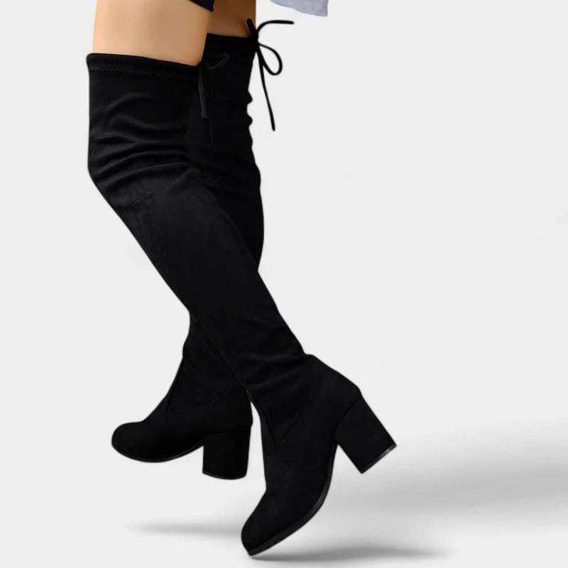 Gleame.-Schoenen-Gleame Laarzen - Zwarte knie-laarzen met veters en blokhak