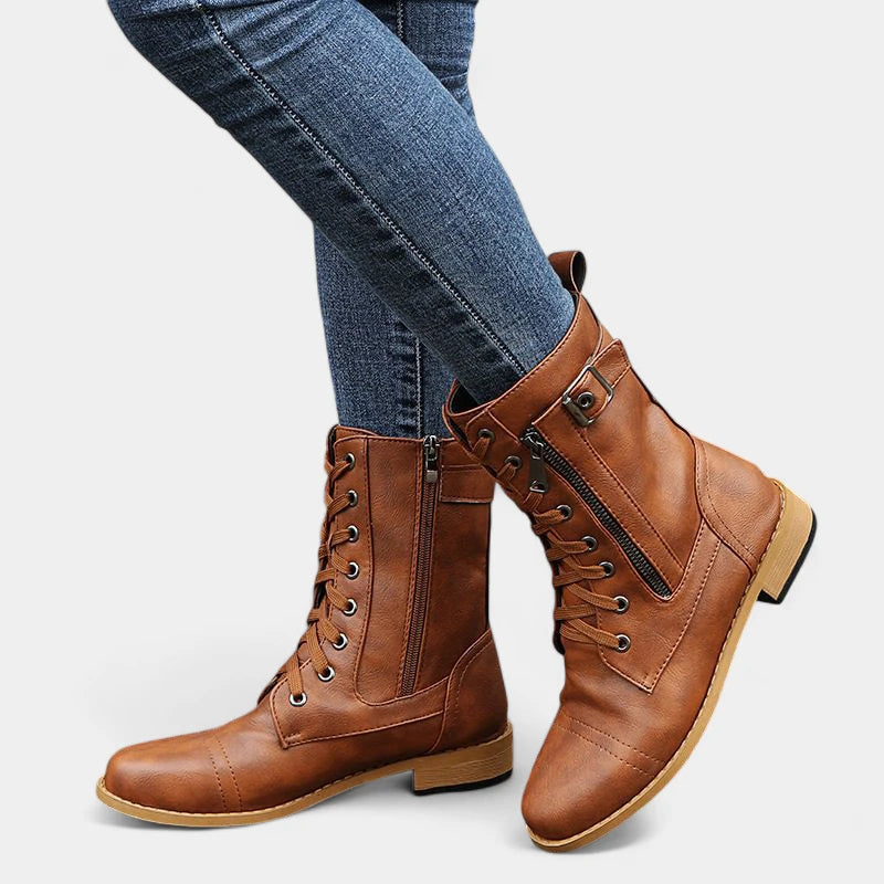 Gleame.-Schoenen-Gleame Mid-calf boots - Lederen veterschoenen met zijrits en gespsluiting voor dames