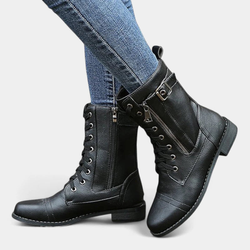 Gleame.-Schoenen-Gleame Mid-calf boots - Lederen veterschoenen met zijrits en gespsluiting voor dames