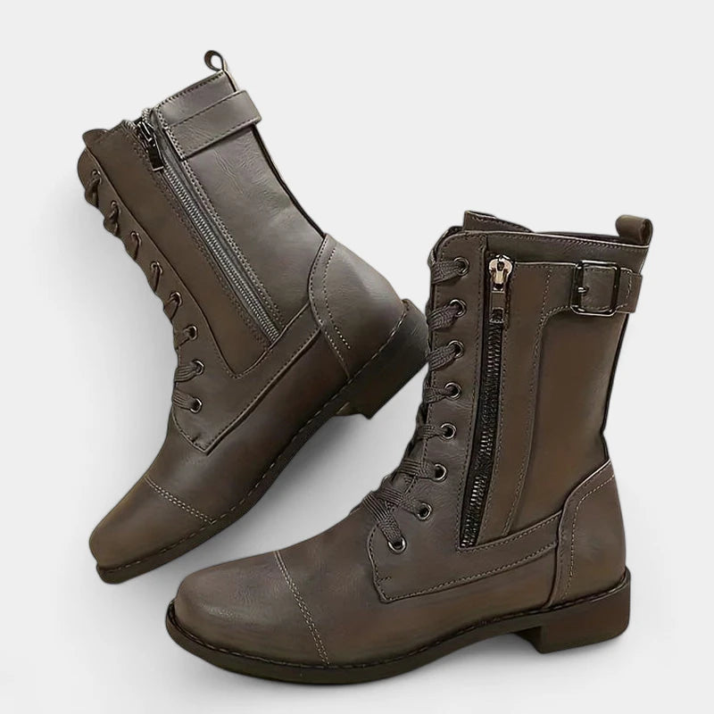 Gleame.-Schoenen-Gleame Mid-calf boots - Lederen veterschoenen met zijrits en gespsluiting voor dames
