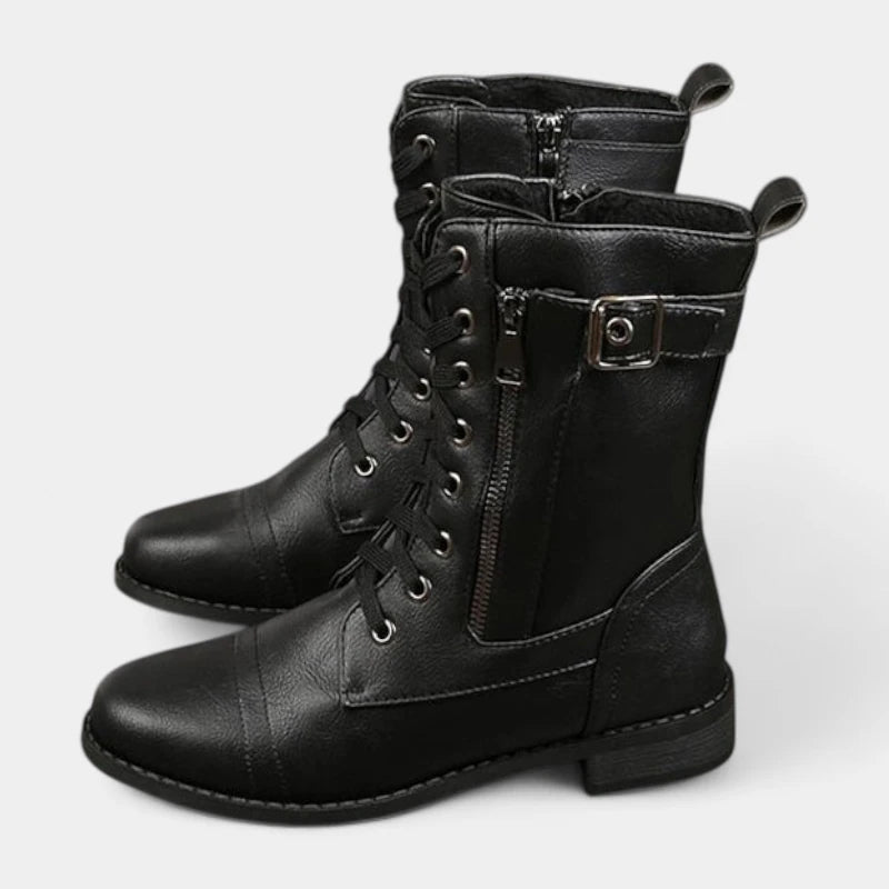 Gleame.-Schoenen-Gleame Mid-calf boots - Lederen veterschoenen met zijrits en gespsluiting voor dames