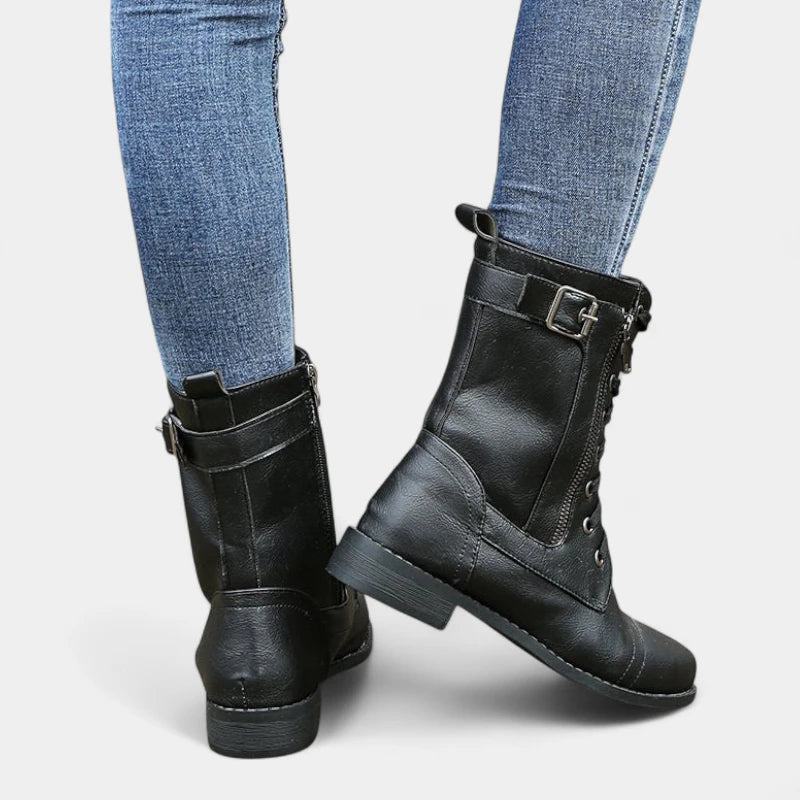 Gleame.-Schoenen-Gleame Mid-calf boots - Lederen veterschoenen met zijrits en gespsluiting voor dames