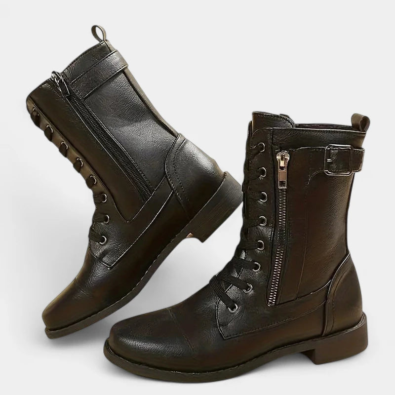 Gleame.-Schoenen-Gleame Mid-calf boots - Lederen veterschoenen met zijrits en gespsluiting voor dames