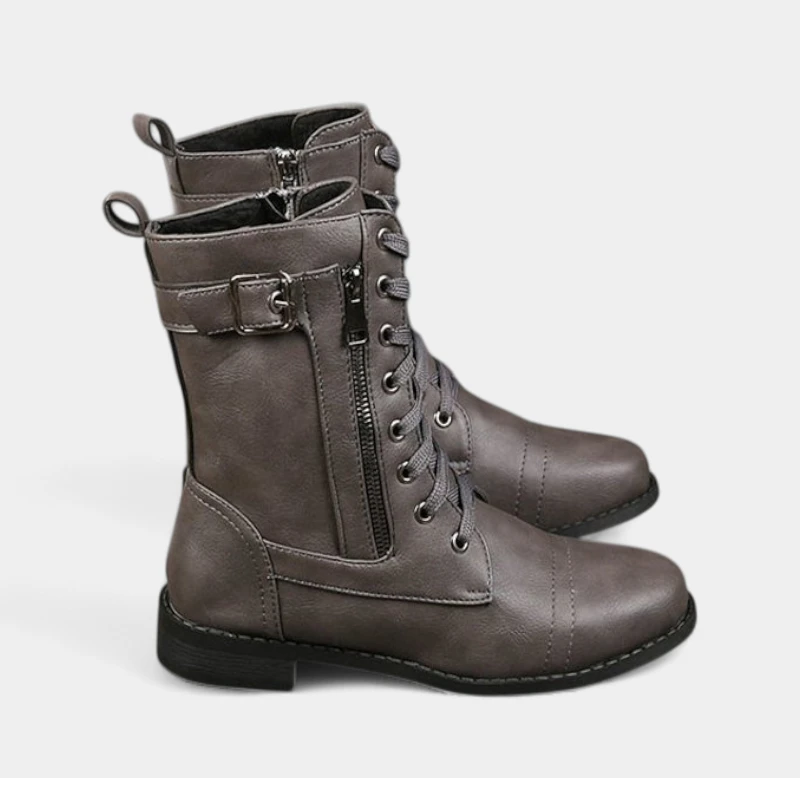Gleame.-Schoenen-Gleame Mid-calf boots - Lederen veterschoenen met zijrits en gespsluiting voor dames
