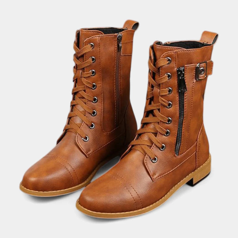 Gleame.-Schoenen-Gleame Mid-calf boots - Lederen veterschoenen met zijrits en gespsluiting voor dames
