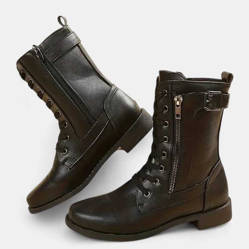Gleame.-Schoenen-Gleame Mid-calf boots - Lederen veterschoenen met zijrits en gespsluiting voor dames