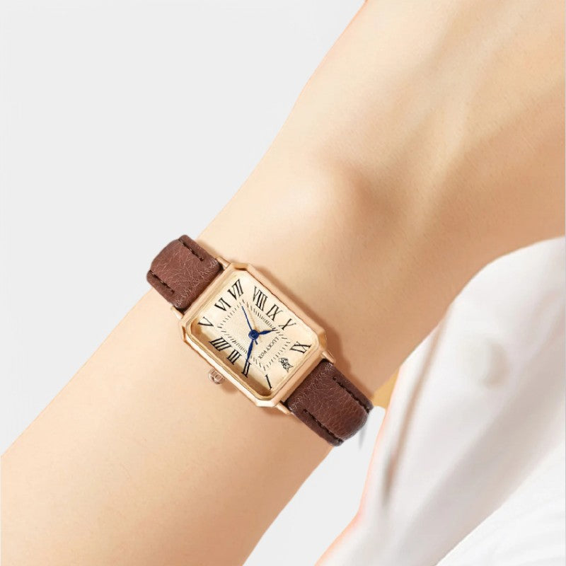 Gleame.-Sieraden-Gleame Horloge - Leren horloge met vierkante kast in goud en bruin