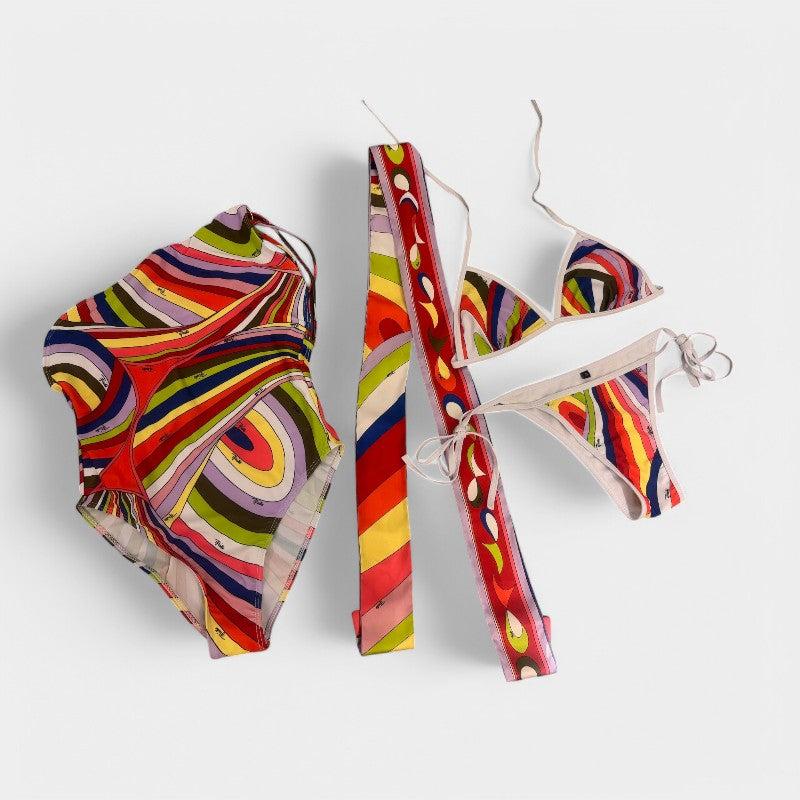 Gleame.-Swimwear-Gleame Bikini set - Drie-delig gestreept zwemkleding met sjaal