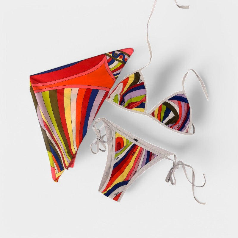 Gleame.-Swimwear-Gleame Bikini set - Drie-delig gestreept zwemkleding met sjaal