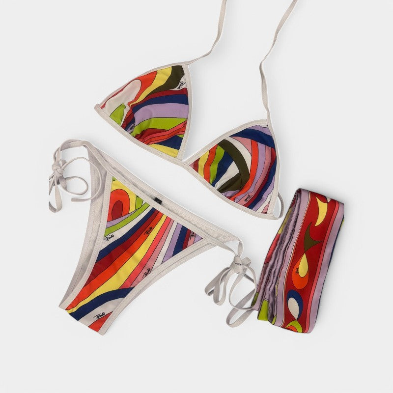 Gleame.-Swimwear-Gleame Bikini set - Drie-delig gestreept zwemkleding met sjaal