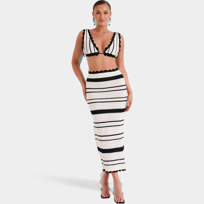 Gleame Strandset - Gebreide strandrok en top met gestreepte print