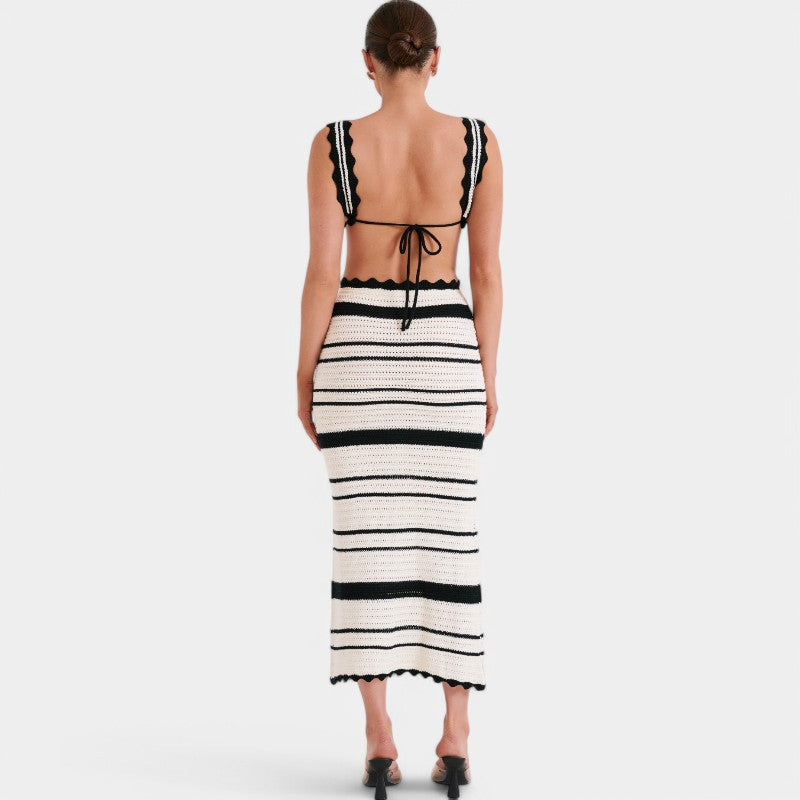 Gleame Strandset - Gebreide strandrok en top met gestreepte print