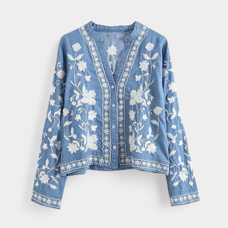 Gleame.-T-shirts & hemden-Gleame Cardigan - Boho lange mouwen met bloemenprint en denim