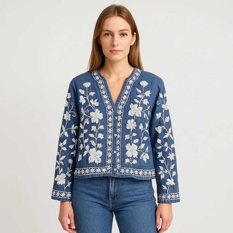 Gleame Cardigan - Boho lange mouwen spijkerblouse met bloemenprint