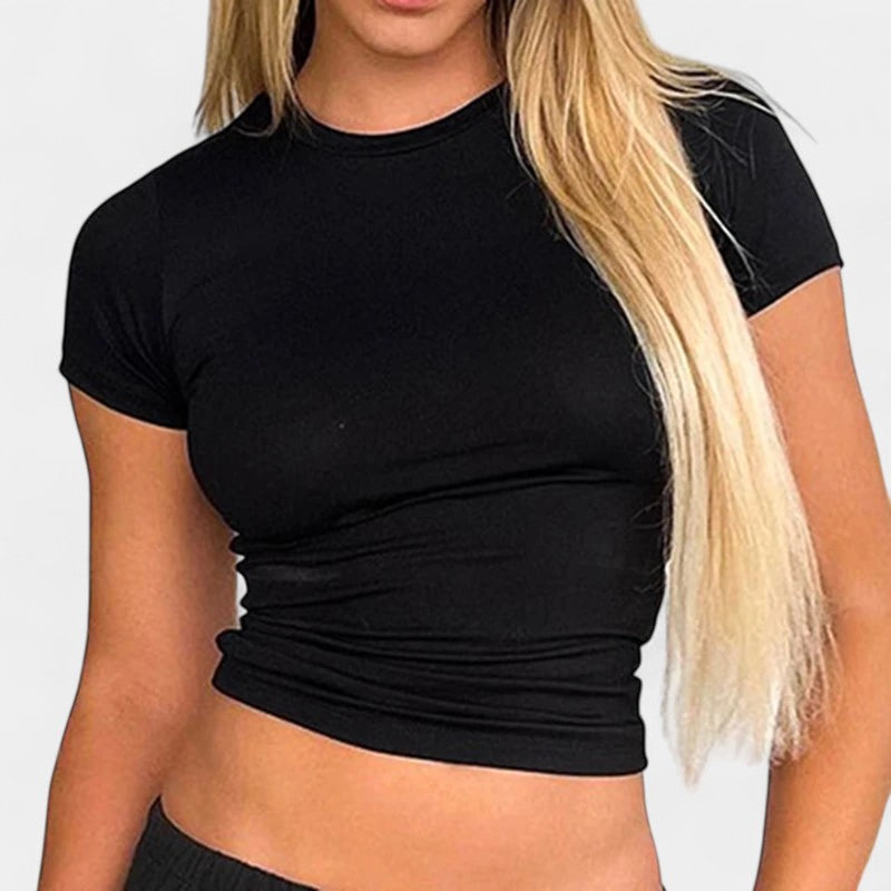Gleame.-T-shirts & hemden-Gleame T-shirt - Solid crop top met korte mouwen en crewneck