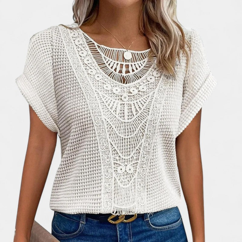 Gleame.-T-shirts & hemden-Gleame Top - Casual dames top met kant en ronde hals