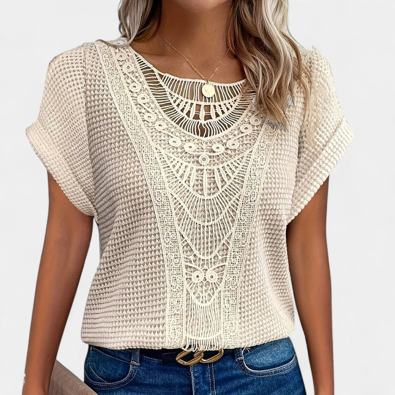 Gleame.-T-shirts & hemden-Gleame Top - Casual dames top met kant en ronde hals