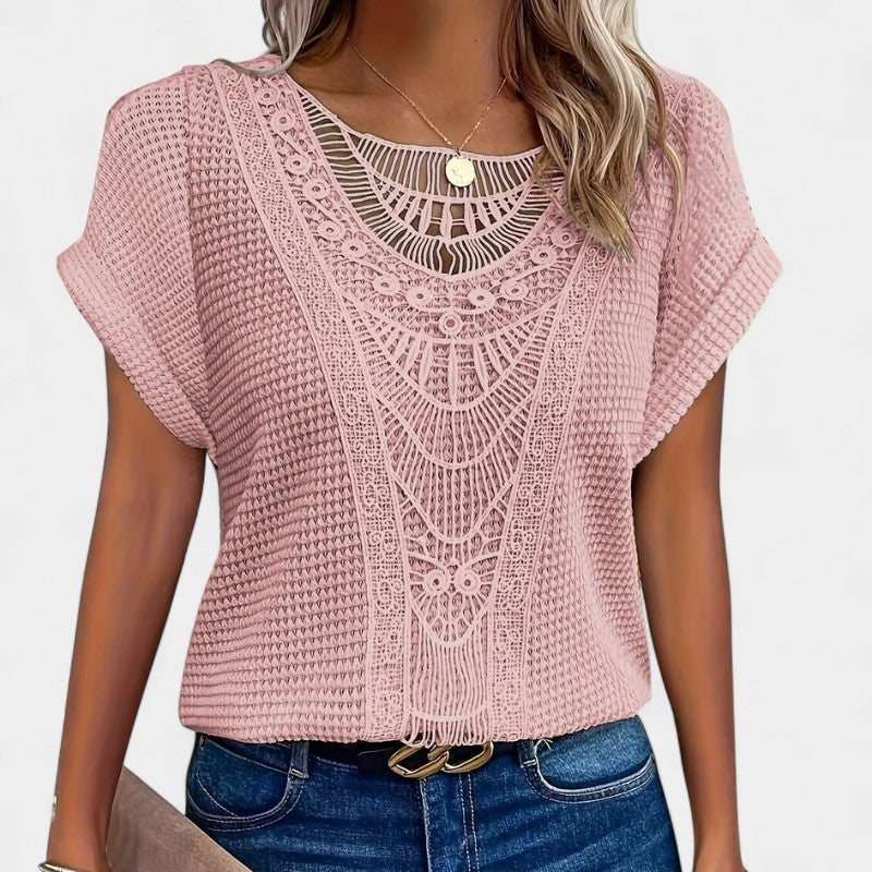Gleame.-T-shirts & hemden-Gleame Top - Casual dames top met kant en ronde hals