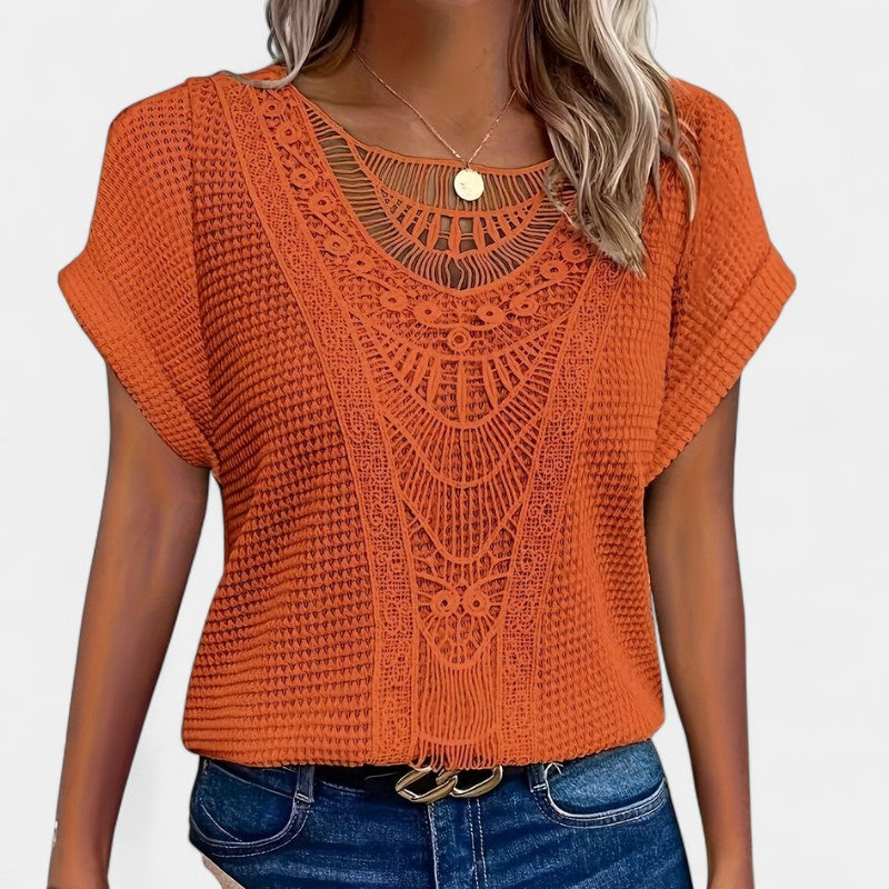 Gleame.-T-shirts & hemden-Gleame Top - Casual dames top met kant en ronde hals