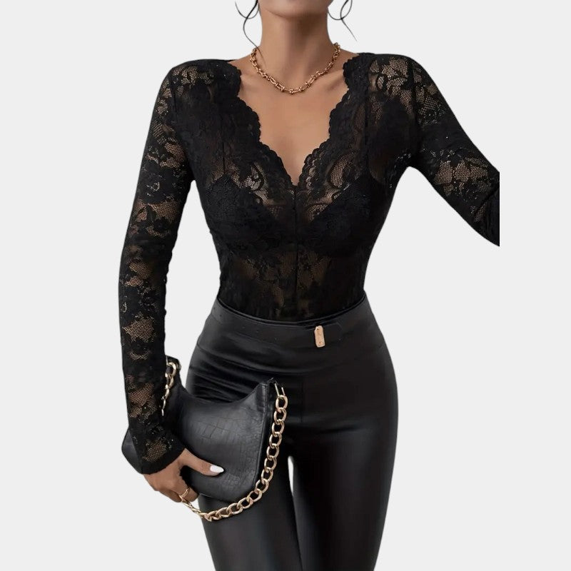 Gleame.-T-shirts & hemden-Gleame Top - Elegante V-hals top met bloemenkant en lange mouwen