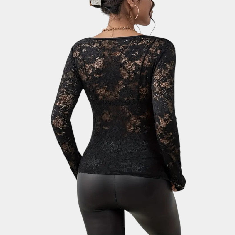 Gleame.-T-shirts & hemden-Gleame Top - Elegante V-hals top met bloemenkant en lange mouwen