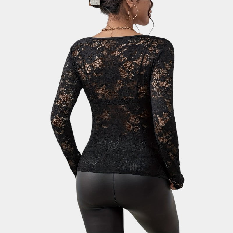 Gleame.-T-shirts & hemden-Gleame Top - Elegante V-hals top met bloemenkant en lange mouwen