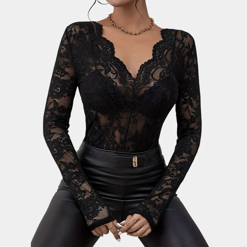 Gleame.-T-shirts & hemden-Gleame Top - Elegante V-hals top met bloemenkant en lange mouwen