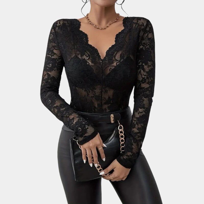 Gleame.-T-shirts & hemden-Gleame Top - Elegante V-hals top met bloemenkant en lange mouwen