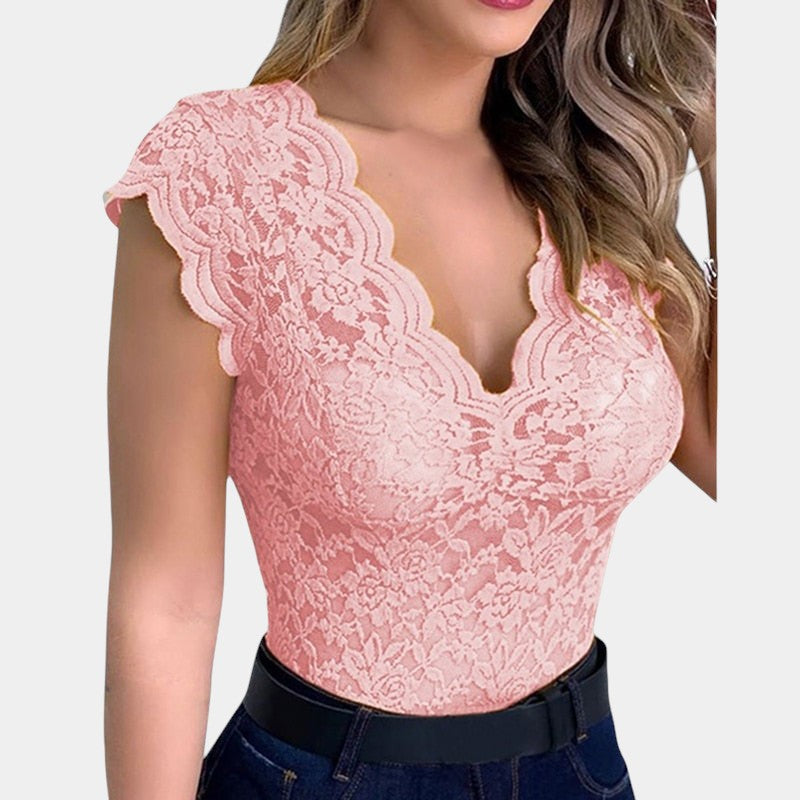 Gleame.-T-shirts & hemden-Gleame Top - Sexy V-hals kant top zonder mouwen voor vrouwen