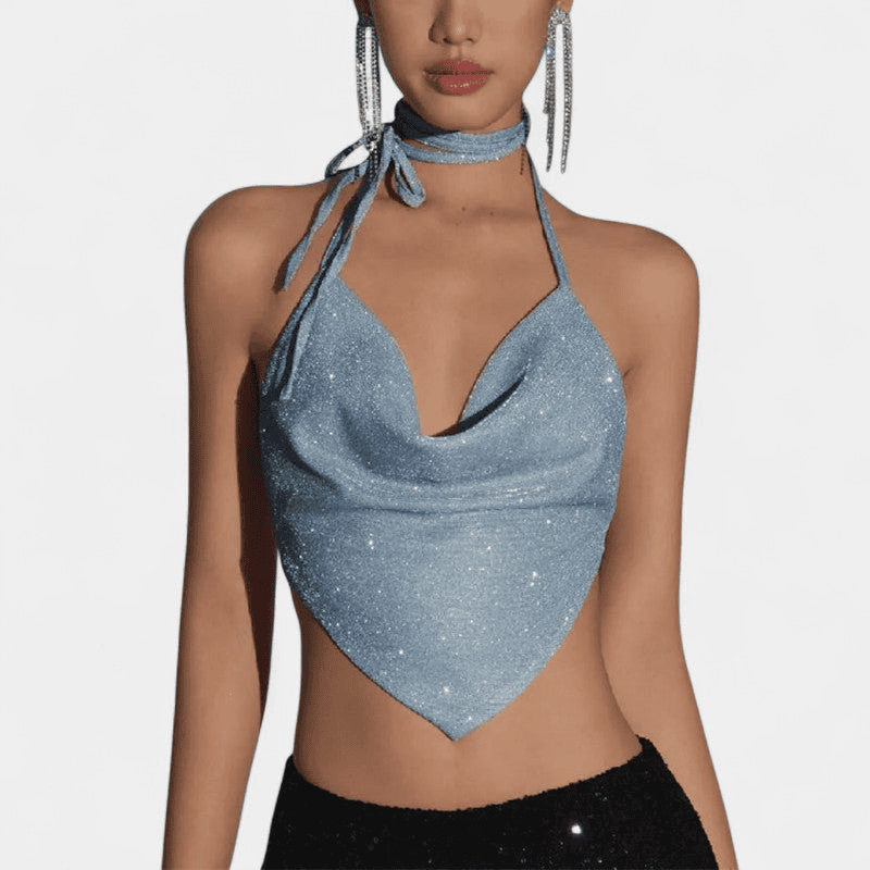 Gleame Top - Vrouwelijke blauwe haltertop met open rug