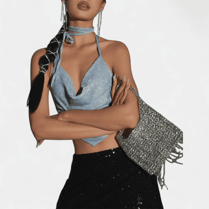 Gleame Top - Vrouwelijke blauwe haltertop met open rug