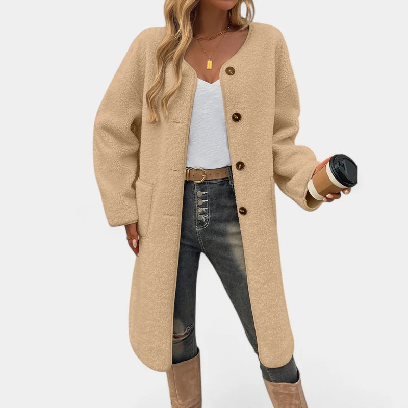 Gleame.-Truien & Vesten-Gleame Cardigan – Lange fleece damesvest met knopen en steekzakken