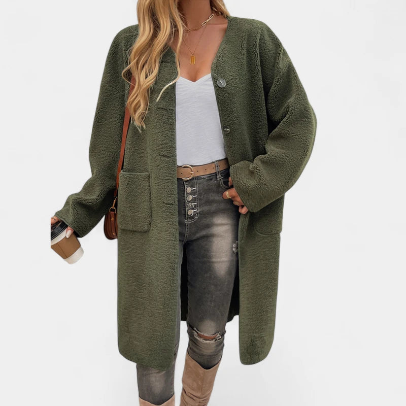 Gleame.-Truien & Vesten-Gleame Cardigan – Lange fleece damesvest met knopen en steekzakken