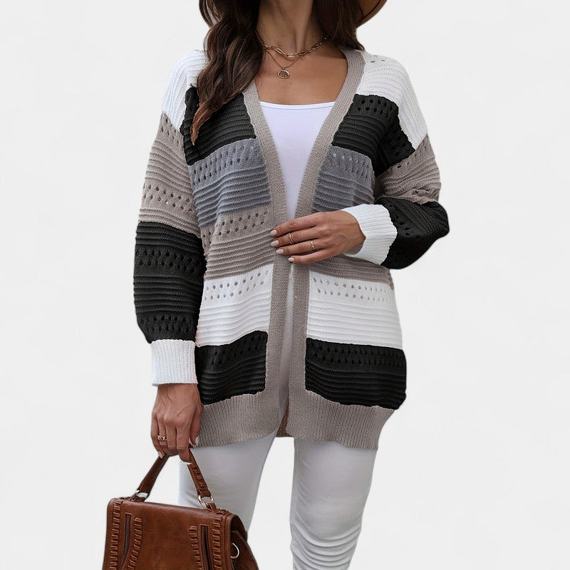 Gleame.-Truien & Vesten-Gleame Dames Vest – Oversized gebreid vest met open voorkant en kleurblokken