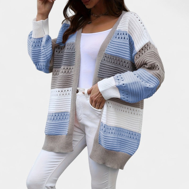 Gleame.-Truien & Vesten-Gleame Dames Vest – Oversized gebreid vest met open voorkant en kleurblokken