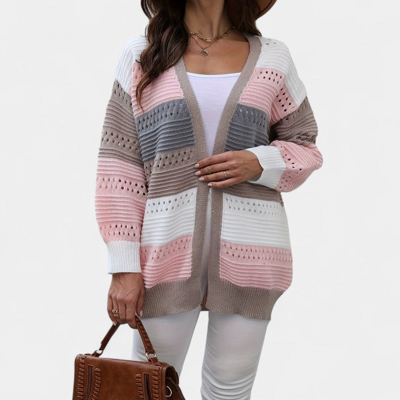 Gleame.-Truien & Vesten-Gleame Dames Vest – Oversized gebreid vest met open voorkant en kleurblokken