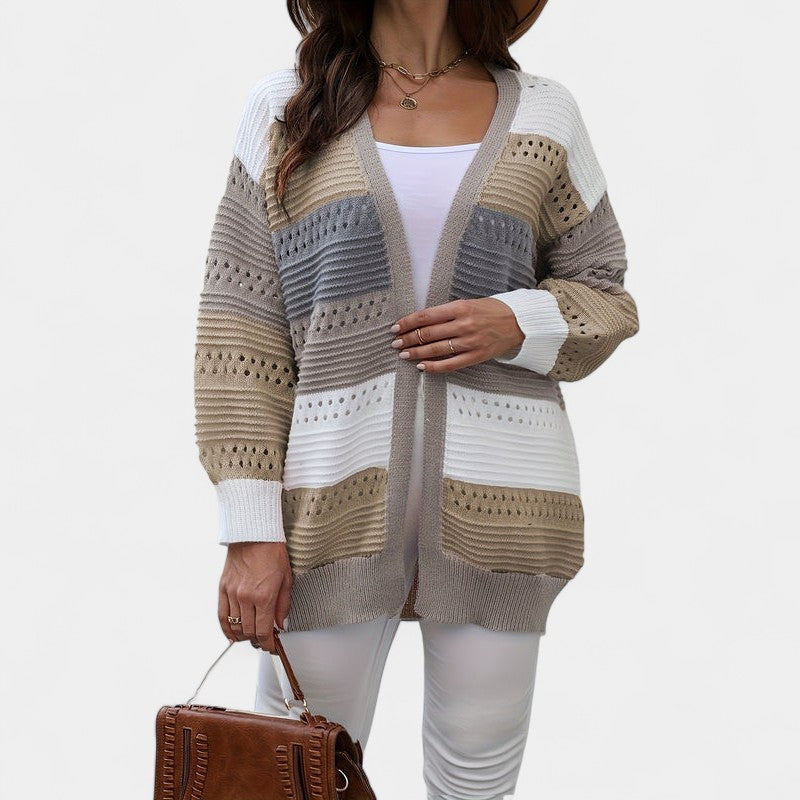 Gleame.-Truien & Vesten-Gleame Dames Vest – Oversized gebreid vest met open voorkant en kleurblokken