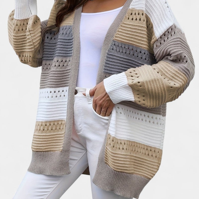 Gleame.-Truien & Vesten-Gleame Dames Vest – Oversized gebreid vest met open voorkant en kleurblokken