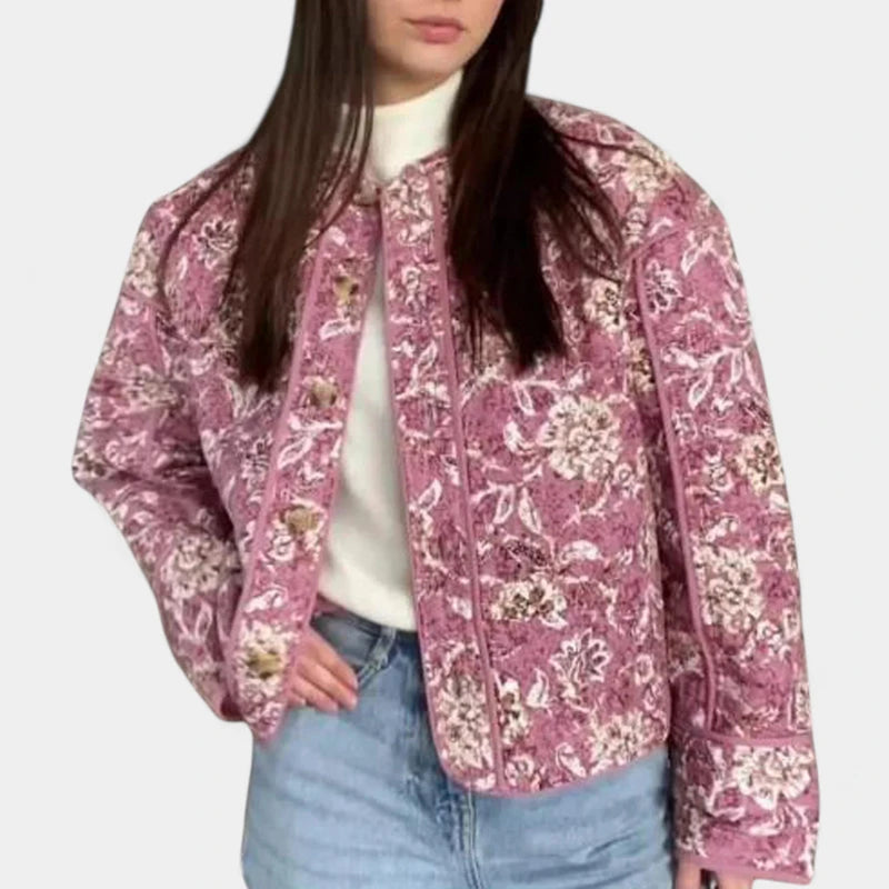 Gleame.-Truien & Vesten-Gleame Pufferjack – Cropped damesjas met bloemenprint en gewatteerd design