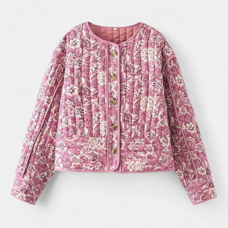 Gleame.-Truien & Vesten-Gleame Pufferjack – Cropped damesjas met bloemenprint en gewatteerd design