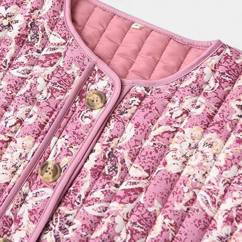 Gleame.-Truien & Vesten-Gleame Pufferjack – Cropped damesjas met bloemenprint en gewatteerd design