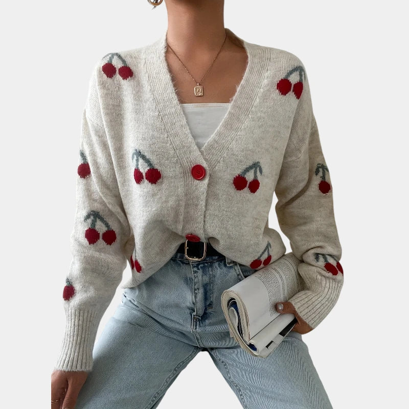 Gleame.-Truien & Vesten-Gleame trui - gebreide lange mouwen knooptrui met print