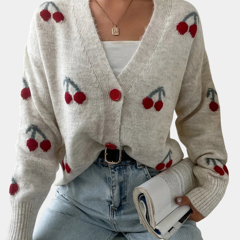 Gleame.-Truien & Vesten-Gleame trui - gebreide lange mouwen knooptrui met print