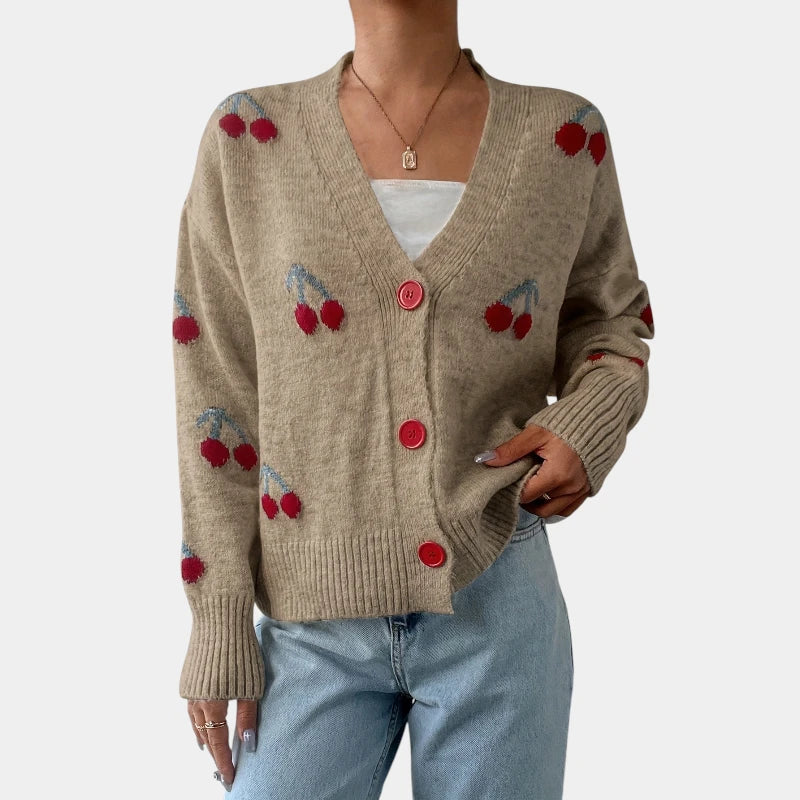 Gleame.-Truien & Vesten-Gleame trui - gebreide lange mouwen knooptrui met print