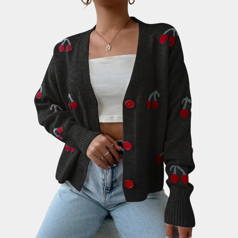 Gleame.-Truien & Vesten-Gleame trui - gebreide lange mouwen knooptrui met print