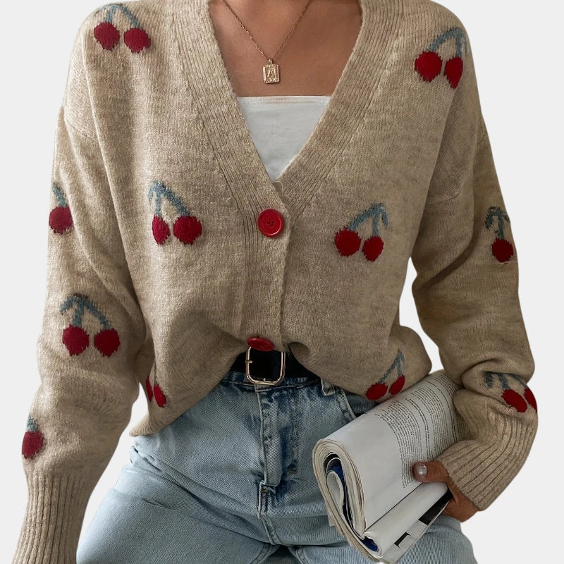 Gleame.-Truien & Vesten-Gleame trui - gebreide lange mouwen knooptrui met print