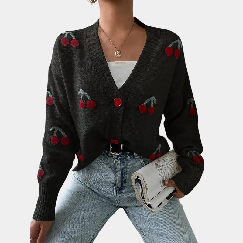 Gleame.-Truien & Vesten-Gleame trui - gebreide lange mouwen knooptrui met print