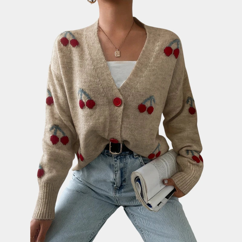 Gleame.-Truien & Vesten-Gleame trui - gebreide lange mouwen knooptrui met print