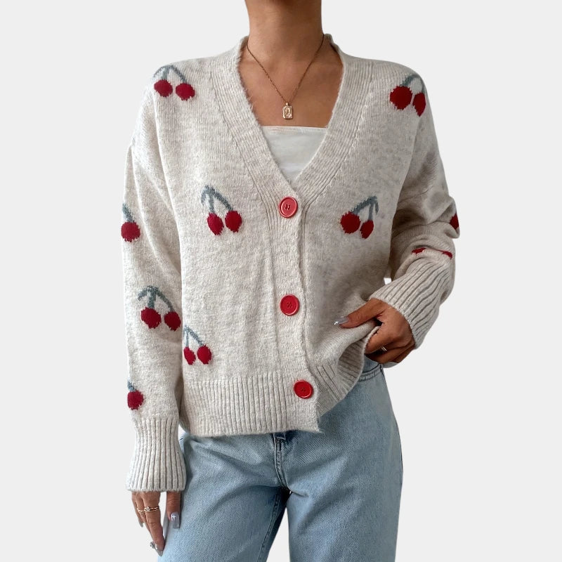 Gleame.-Truien & Vesten-Gleame trui - gebreide lange mouwen knooptrui met print